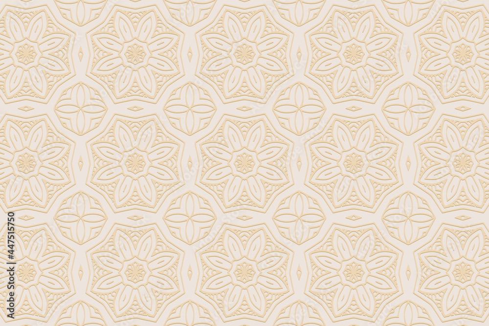 3D volumetric convex embossed geometric beige background. Doodling technique. Ethnic floral oriental, asian, indian pattern with handmade elements for design and decoration.
