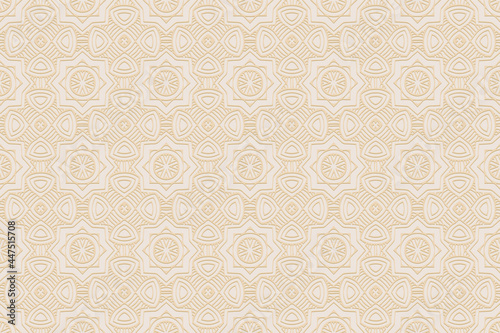 3D volumetric convex embossed geometric beige background. Doodling technique. Ethnic abstract oriental, asian, indian pattern with handmade elements for design and decoration.