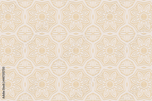 3D volumetric convex embossed geometric beige background. Doodling technique. Ethnic floral oriental, asian, indian pattern with handmade elements for design and decoration. 