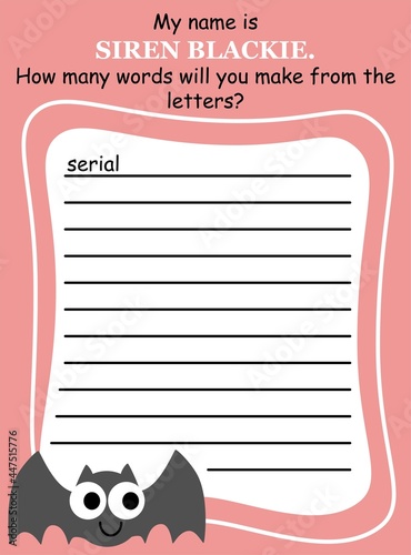 Halloween word game in English for kids vector illustration. Help funny cartoon bat to create words from the given letters. Handwriting activity page for children printable colorful worksheet