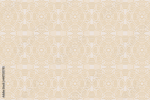 3D volumetric convex embossed geometric beige background. Doodling technique. Ethnic stylish oriental, asian, indian pattern with handmade elements for design and decoration. © swetazwet