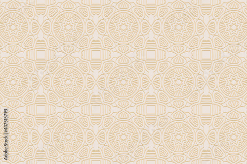 3D volumetric convex embossed geometric beige background. Doodling technique. Ethnic stylish oriental, asian, indian pattern with handmade elements for design and decoration.