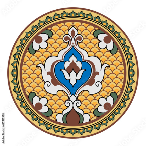 Decorative round floral pattern. Ancient Persian style. Plate, arabesques. 