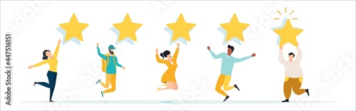 People are holding stars, giving five star Feedback. Clients choosing satisfaction rating and leaving positive review. Feedback consumer, customer review evaluation. Vector illustration.