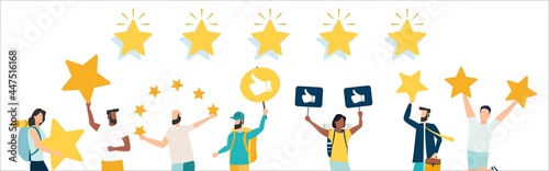 People are holding stars, giving five star Feedback. Clients choosing satisfaction rating and leaving positive review. Feedback consumer, customer review evaluation. Vector illustration.