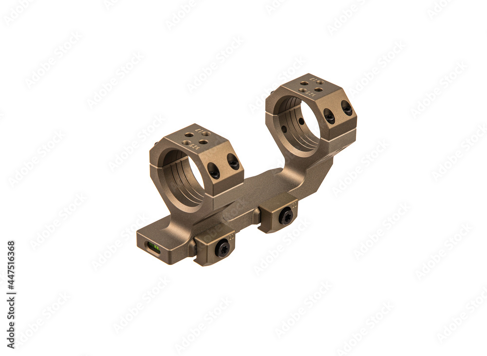Quick disconnect mount made for holding a scope on a rifle isolated on white back. Quick Release Sniper Cantilever Scope Mount.