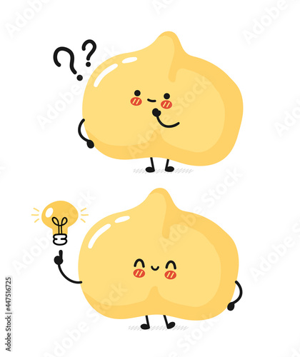 Cute funny chickpea bean character with question marks and idea lamp. Vector cartoon kawaii character illustration icon. Isolated on white background. Chickpea pea, bean cartoon character concept