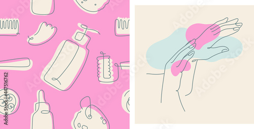 Cosmetology seamless pattern. Beauty background. Female hand care illustration in minimal linear style. Vector silhouette of hands for cosmetics label design, hand cream packaging. Natural tone hue