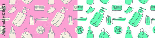 Self care body care linear icons. Cosmetic illustration. Beauty banner background. Vector sketch of sponge, cream, makeup, scrub, soap, bottle. Natural tone hue. Template of label and banner design.