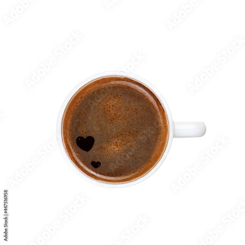 A cup of coffee with hearts inside isolated on white background.
