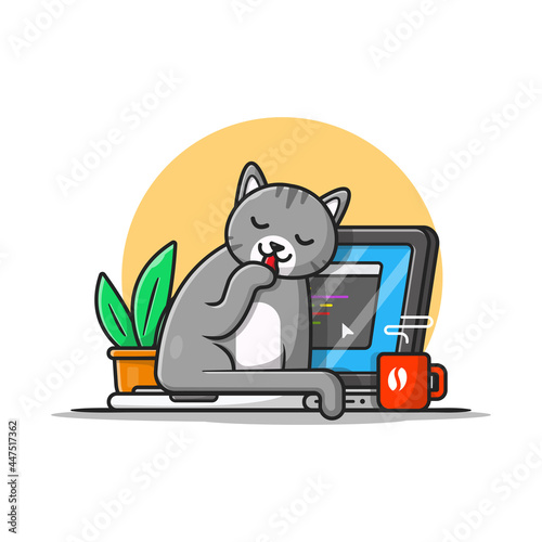 Cute Cat With Laptop Cartoon Vector Icon Illustration. Animal Technology Icon Concept Isolated Premium Vector. Flat Cartoon Style