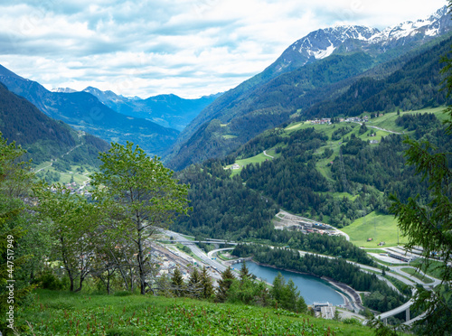 View from Gotthard pass street, Switzerland, down to the valley with infrastructure