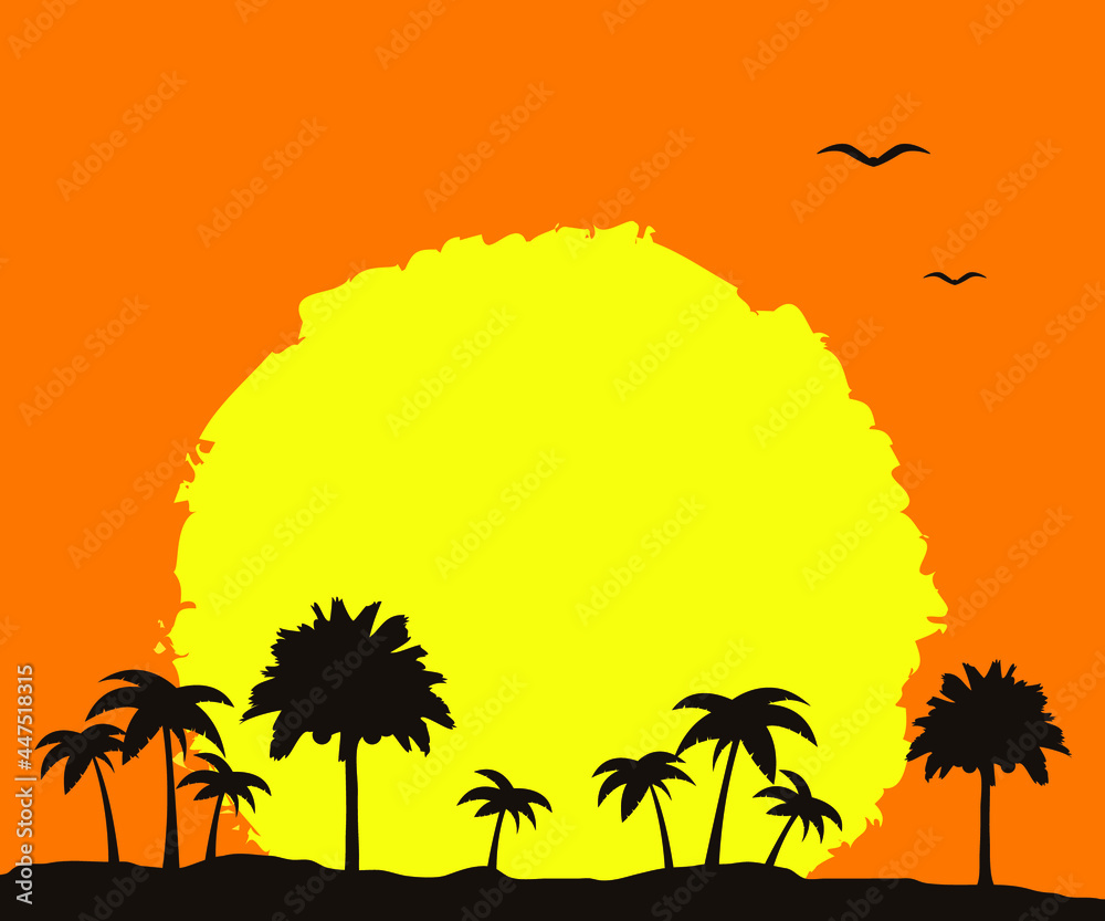 Beautiful landscape of palm trees and sun on the beach, vector illustration