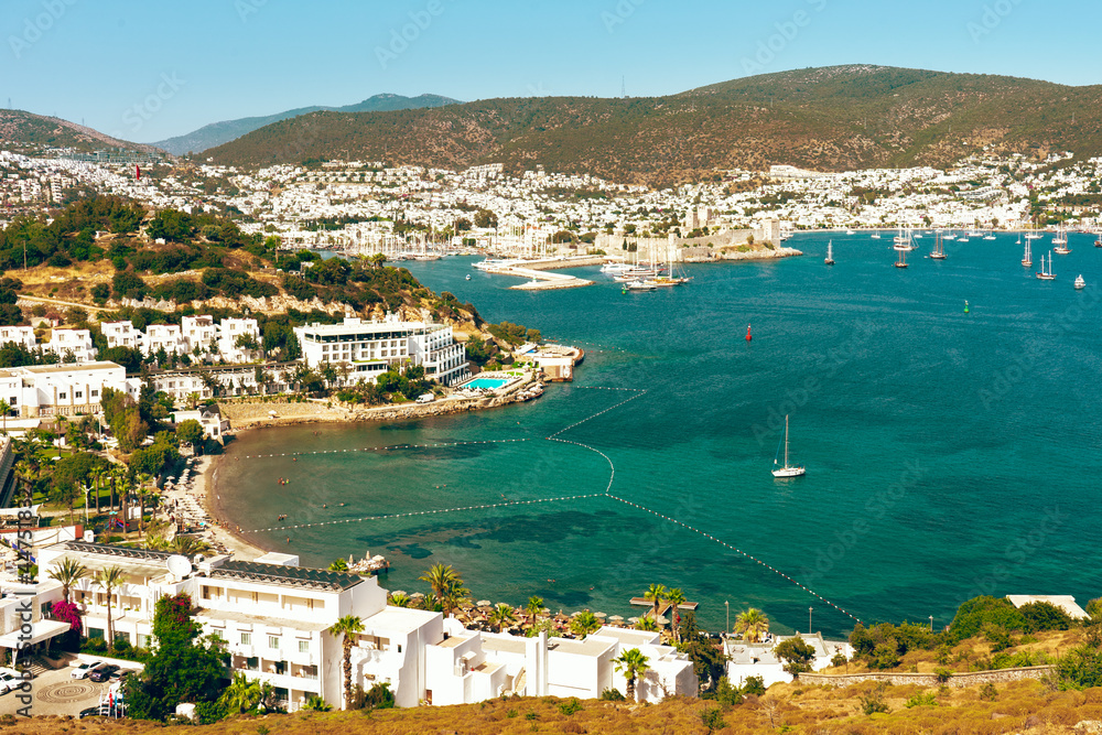 Panoramic view of Bodrum city, Turkey and Saint Peter Castle and marina