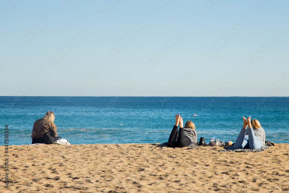 Barcelona, Spain; 1 April 2021. Barceloneta Area. Young people at the beach. Barcelona, Spain; 1 April 2021. Barceloneta Area. Young people at the beach.
