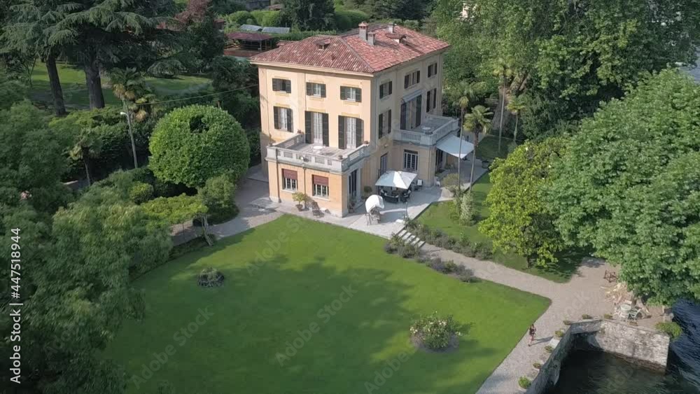 Aerial footage drone view of Manor Villa Plane Tree, in Como on Lake Lombardia Italy // no video editing