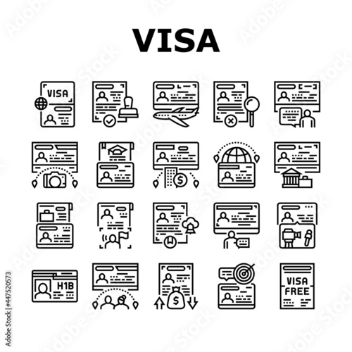 Visa For Traveling Collection Icons Set Vector. Business And Transit Visa, Permitting Document For Business Trip And Vacation, Political And Marriage Black Contour Illustrations