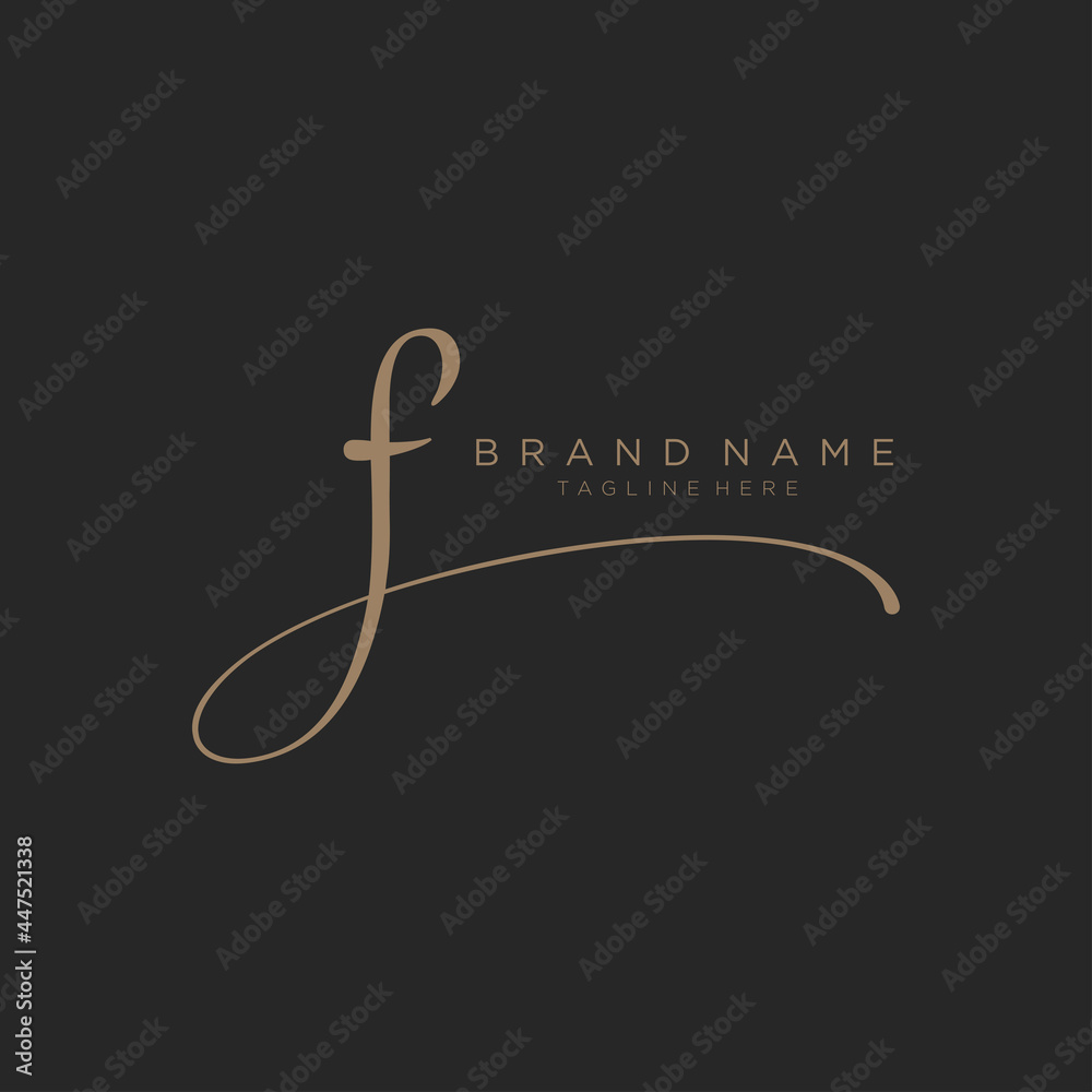 Letter F gold handwritten logo vector design template. Black background