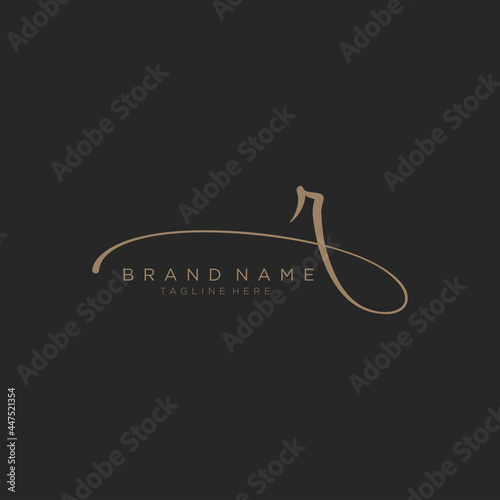 Letter R gold handwritten logo vector design template. Black background.