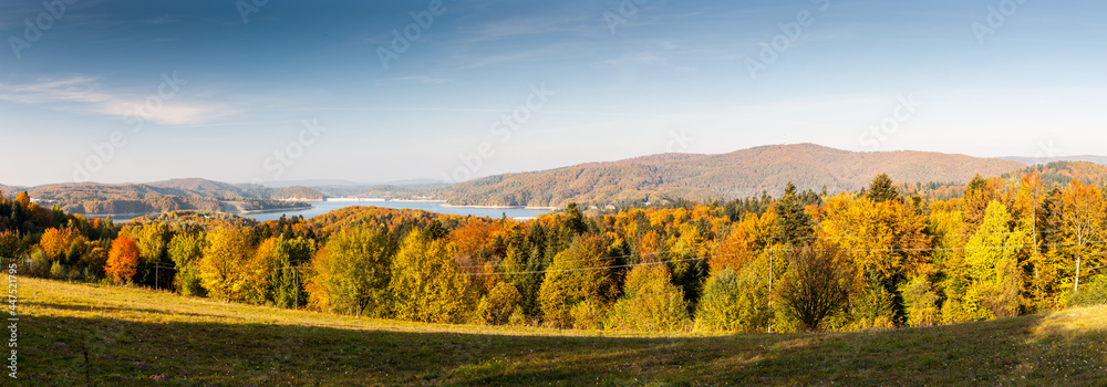 View from Werlas on the dam in Solina and Lake Solińskie, Polanczyk, Solina,