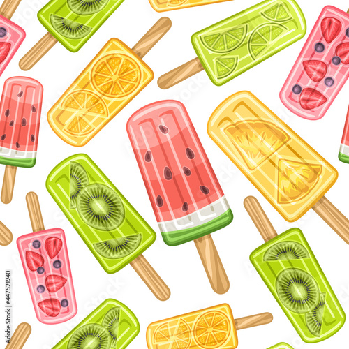 Vector Fruit Popsicle Seamless Pattern, square repeating fruit ice cream background for kids textile, poster with cut out illustrations of different cold fruity popsicles on sticks on white background