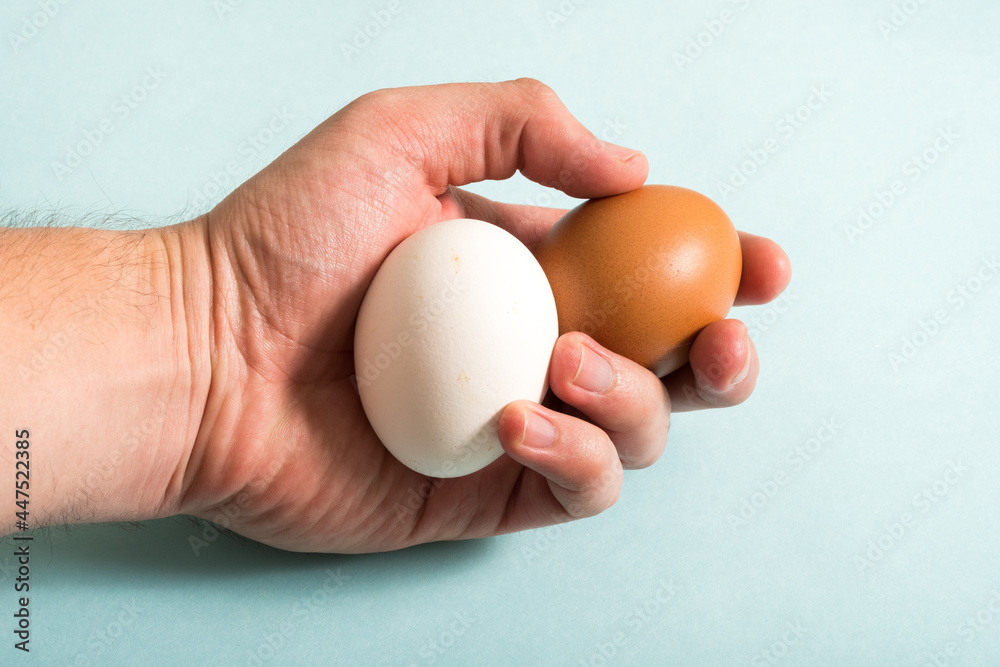 Mano sosteniendo dos huevos de diferente color Mano sosteniendo dos huevos de diferente color