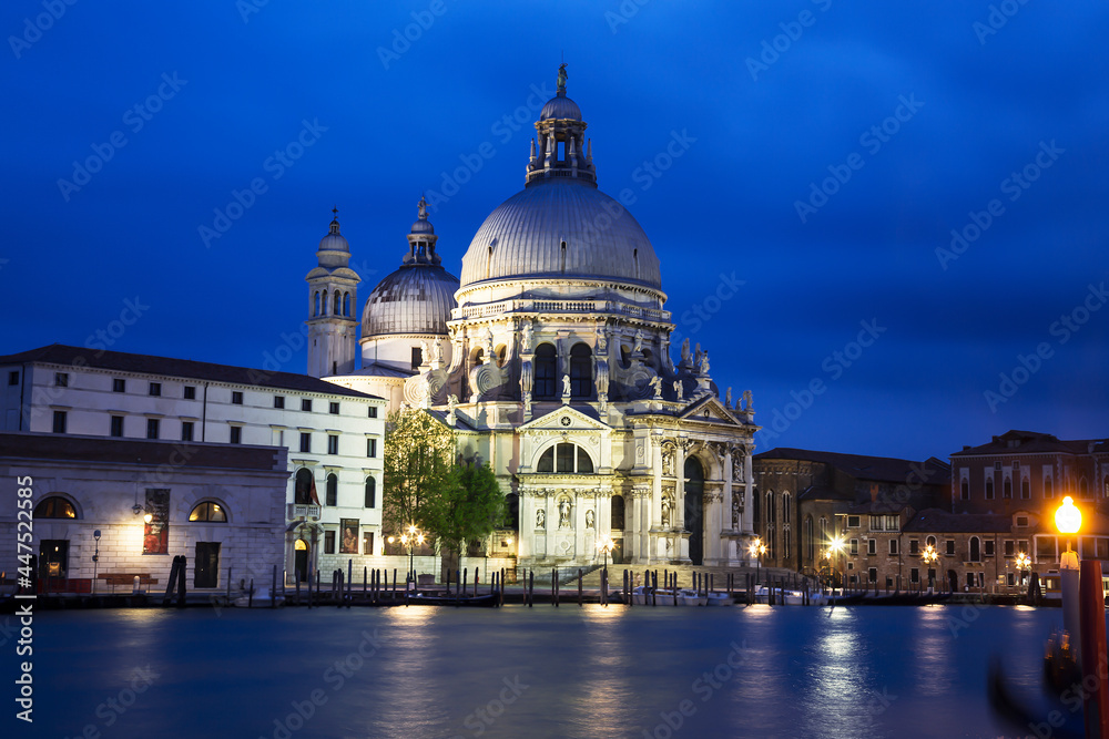 A view of the Cathedral Santa Maria della Salute in Venice at night, Italy