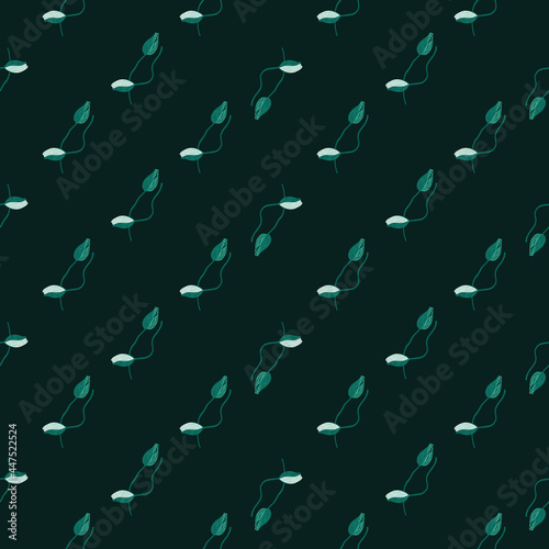 Abstract style seamless nature pattern with small poppy bud silhouettes. Flowers print. Dark green background.