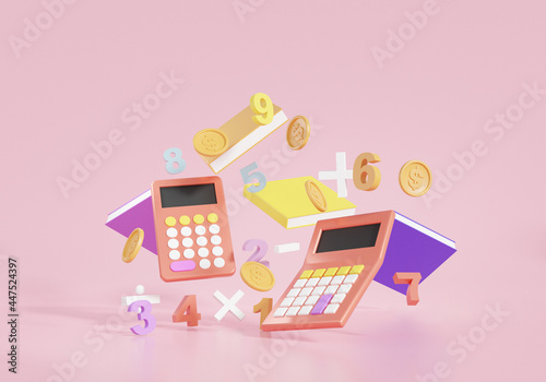 Calcalator, coins, book floating basic math operation symbols math, plus, minus, multiplication, number divide on pink background. Mathematic Finance education concept. 3D render illustration