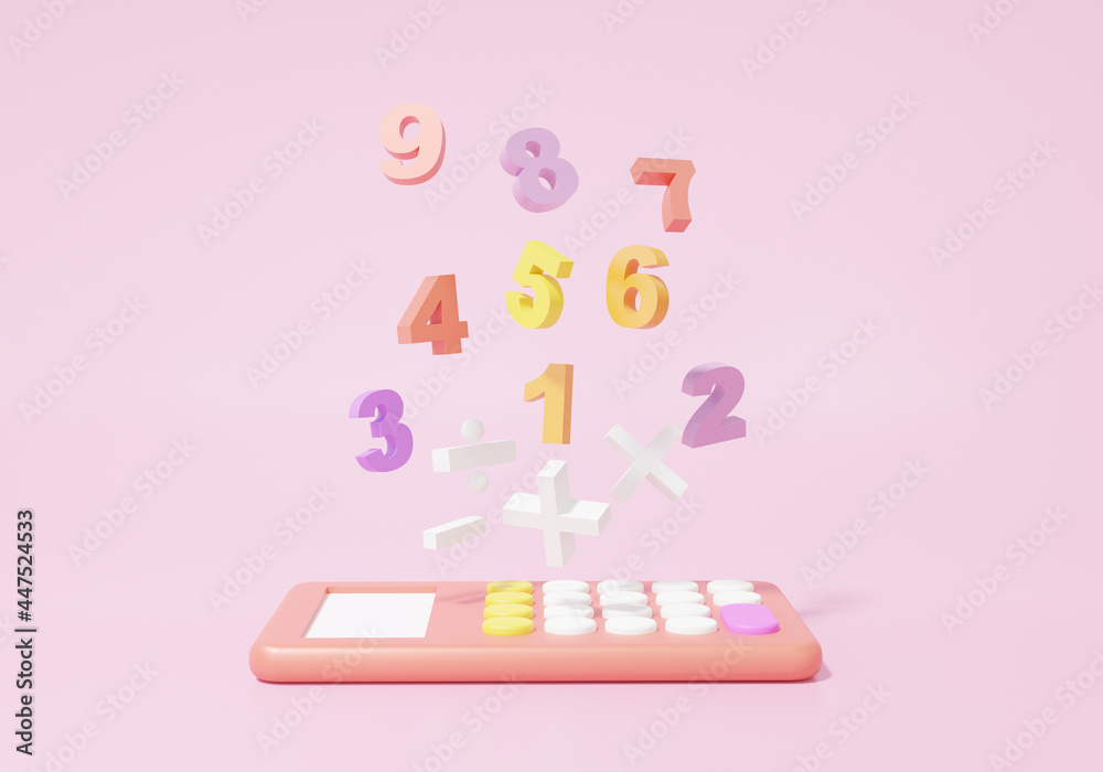 Calcucator and basic math operation symbols math, plus, minus, multiplication, number divide on pink background. Mathematic learning financial education concept. 3d rendering Calcucator and basic math operation symbols math, plus, minus, multiplication, number divide on pink background. Mathematic learning financial education concept. 3d rendering