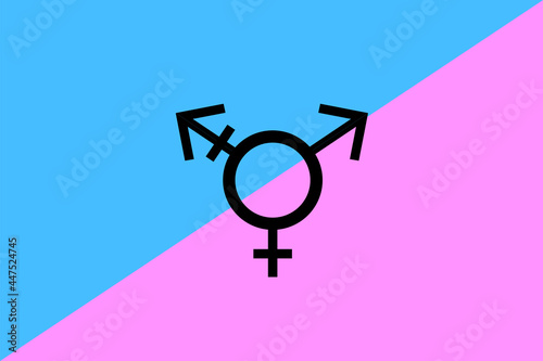 Black Transgender Transsexual pride symbol on dual blue and pink background. Gender symbol - Female, Male, Trans.