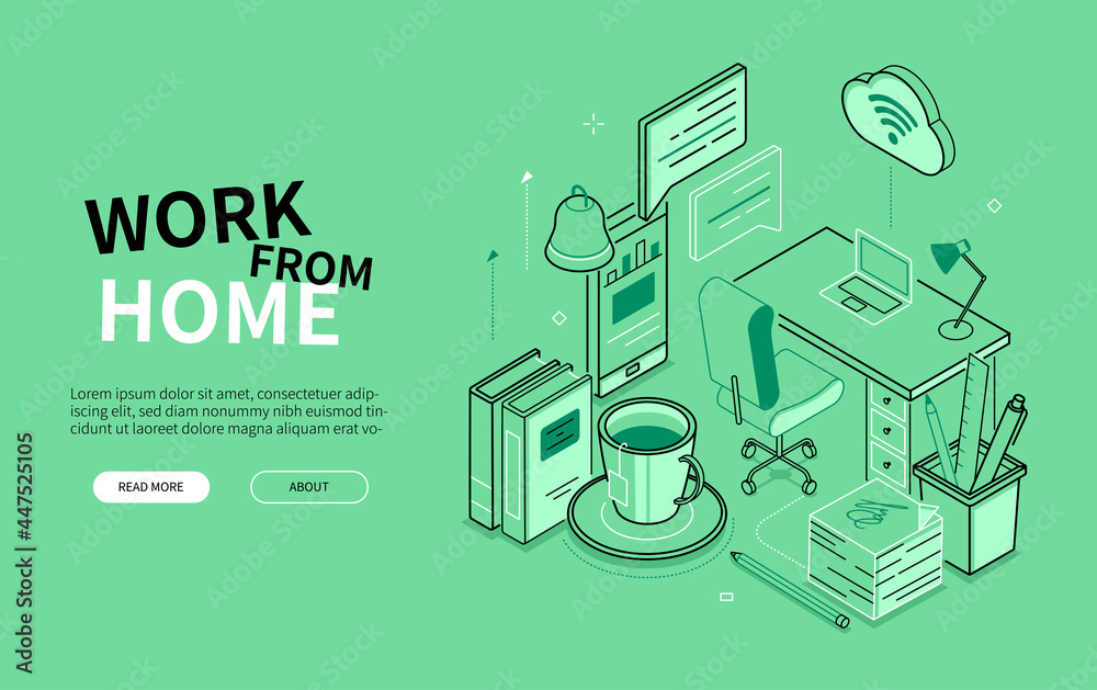 Work from home - line design style isometric banner Work from home - line design style isometric banner