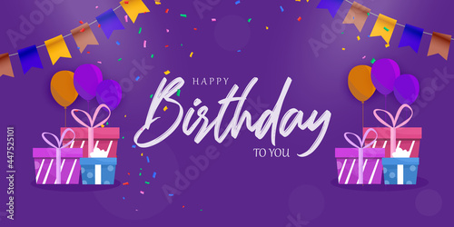Happy birthday background with orange and purple air balloon on purple background with text and glitter confetti and Gift Box.
