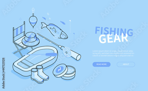 Fishing gear - blue line design style isometric banner