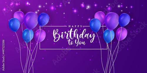 Happy birthday background with multicolor air balloon on purple background with text and light effect.