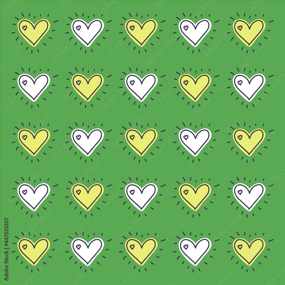 Hearts and rays. Stylized vector pattern on a green background. Nice ...