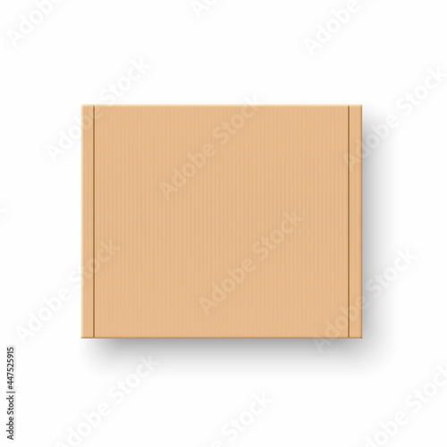 Realistic cardboard box. Top view. Brown delivery packaging box. Warehouse goods and cargo transportation. Sealed box for post transport, warehouse, storage. Mockup design. Vector illustration