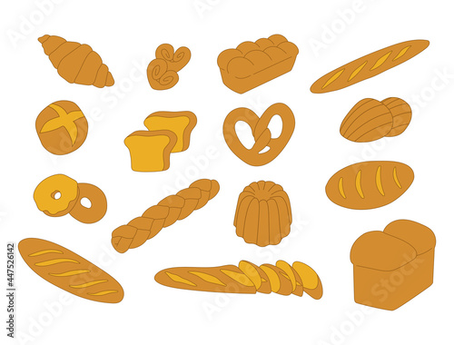 Various bakery and pastry products icons set in cartoon flat style. Hand drawn vector illustration. All elements are isolated on white background.