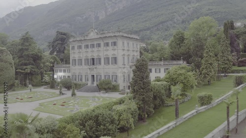 Aerial footage drone view of Manor Villa Sola Cabiati, in Tremezzo, lake ,Como Lombardia Italy // no video editing
 photo