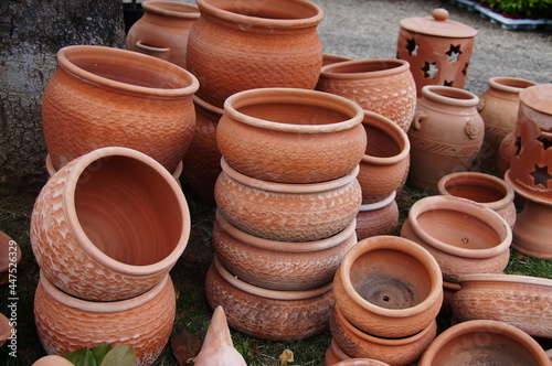 Terracotta flower pots in a garden