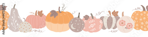 Cute pastel pumpkins seamless border for halloween, thanks giving