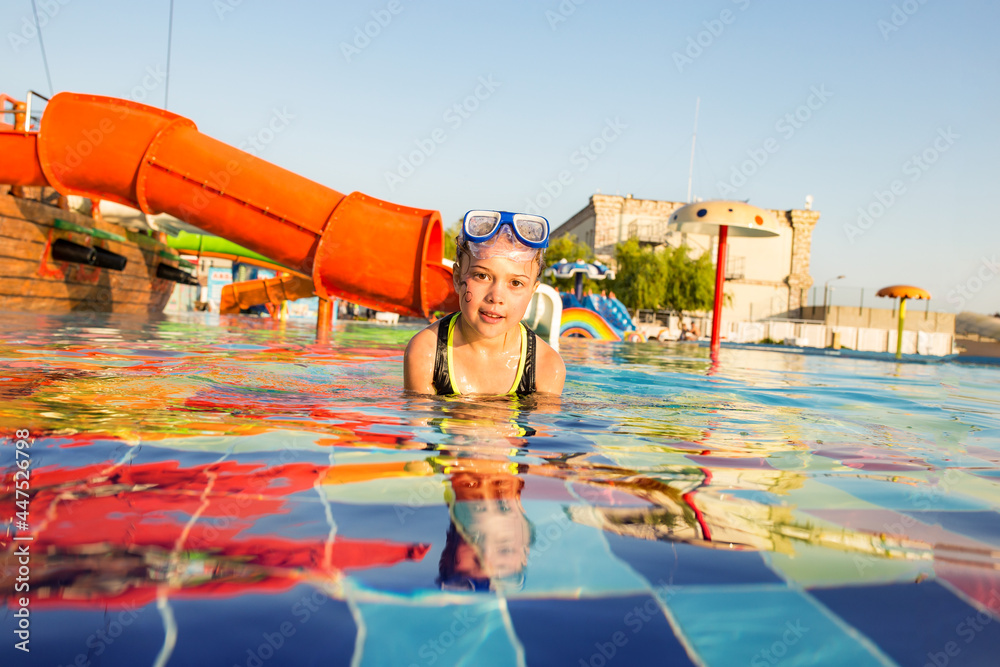 Children summer holidays. Little girl in aquapark. Water park for kids ...