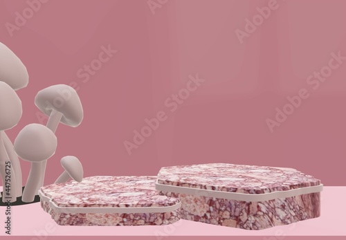 Realistic 3D render of dual-tone Cylinder stone podium with mushroom for product Advertising, showcase, presentation, cosmetic Ads, product, sale. 3d illustration, 3D rendering,