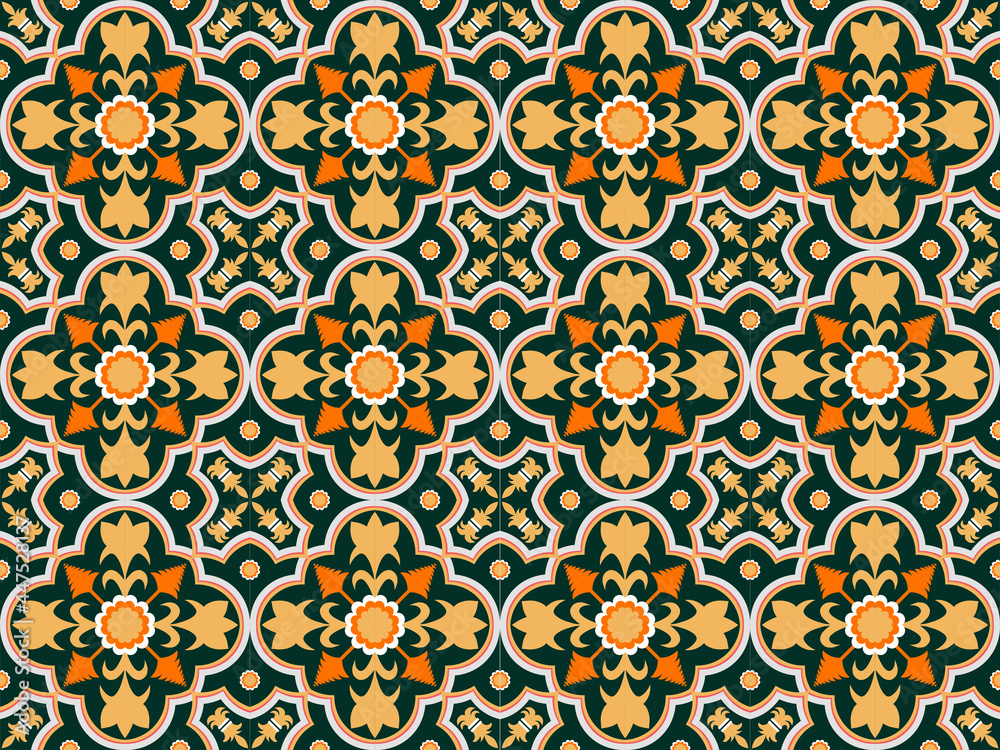 Moorish seamless pattern. Arabesque vector ornament. Ancient floor ceramic tiles. Flooring tiling seamless in green background. Floor cement ceramic tiles collection. Moorish seamless pattern. Arabesque vector ornament. Ancient floor ceramic tiles. Flooring tiling seamless in green background. Floor cement ceramic tiles collection.