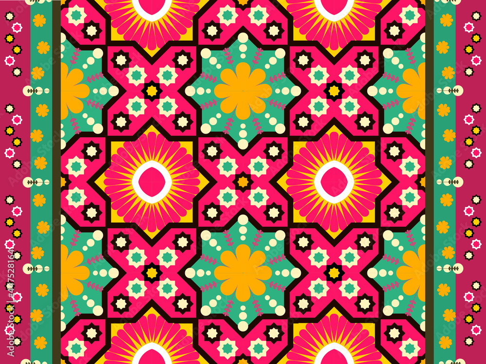 Moorish seamless pattern. Arabesque vector ornament. Ancient floor ceramic tiles. Design seamless in light green background with colorful.