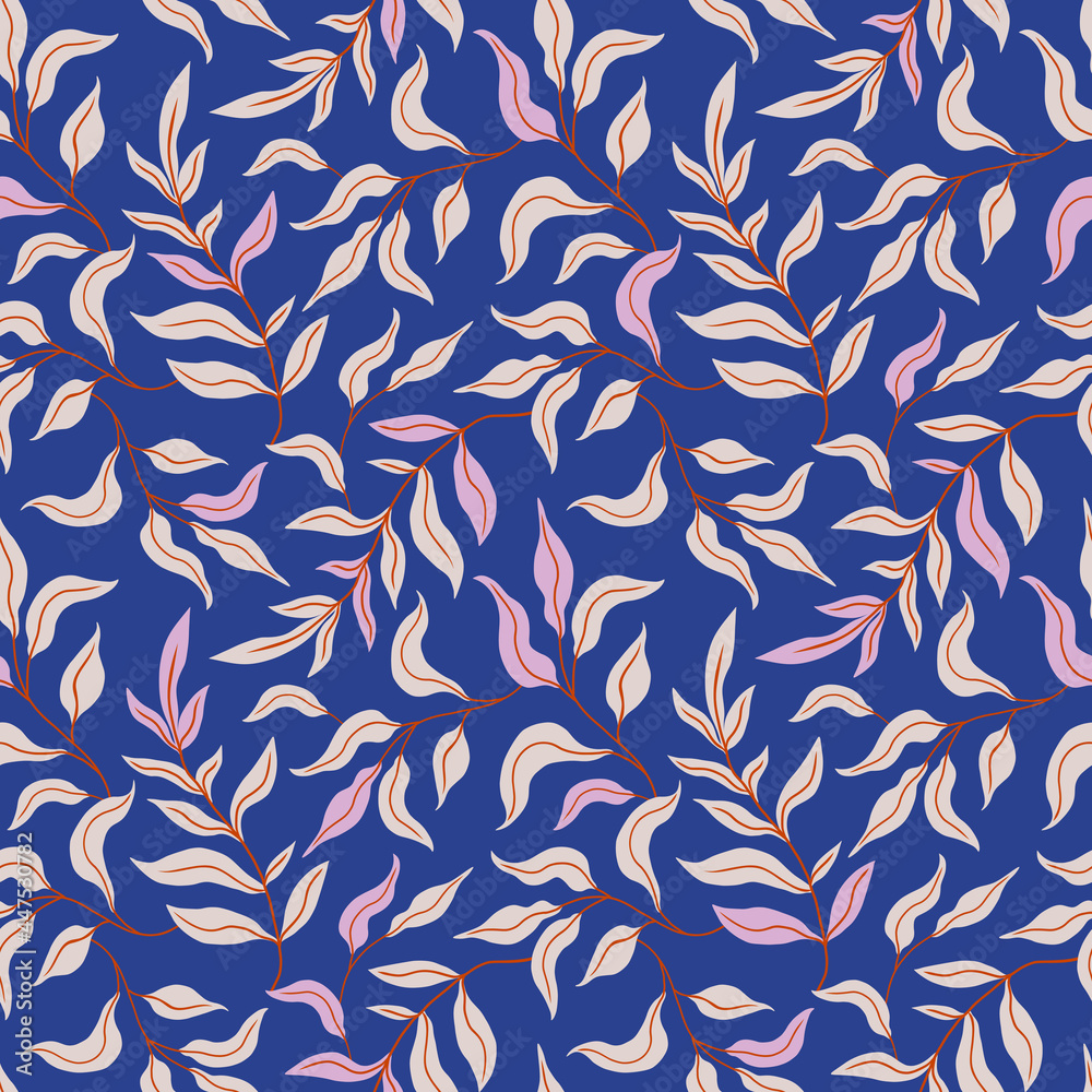 Seamless pattern with flat minimalism leaves on blue background. Hand drawn vector illustration. Texture for print, fabric, textile, wallpaper. Seamless pattern with flat minimalism leaves on blue background. Hand drawn vector illustration. Texture for print, fabric, textile, wallpaper.