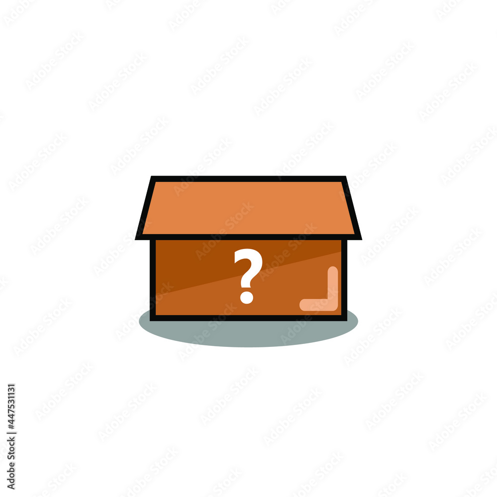 Mystery box design logo depicted with cardboard and question mark Mystery box design logo depicted with cardboard and question mark
