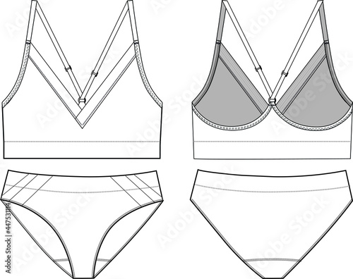 Seamless underwear set technical illustration. Editable V-neck bralette and bikini panty flat fashion sketch