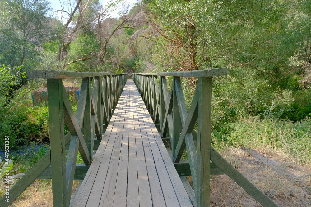 Wooden roof inside ihlara valley on river and great magnificent trees. Wooden roof inside ihlara valley on river and great magnificent trees.