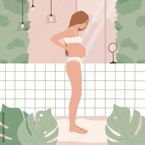 Happy pregnant woman holding her belly in a minimalist interior. Pregnancy and motherhood concept. Flat vector illustration. Isolated on pink background.